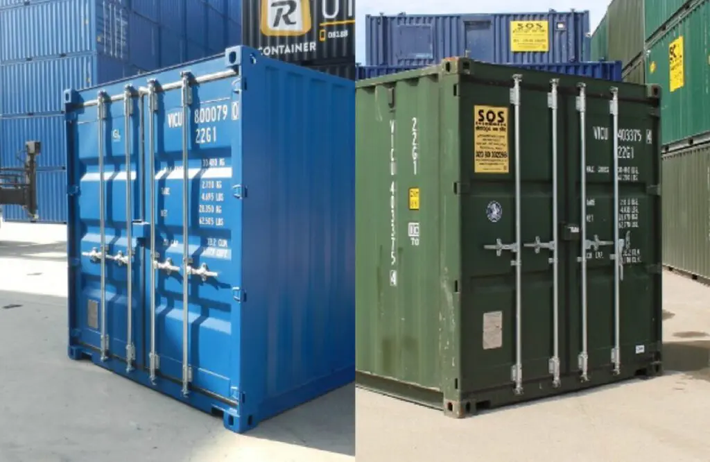 Side-by-side view of a new blue One Trip container and a used green Ex-Hire container.