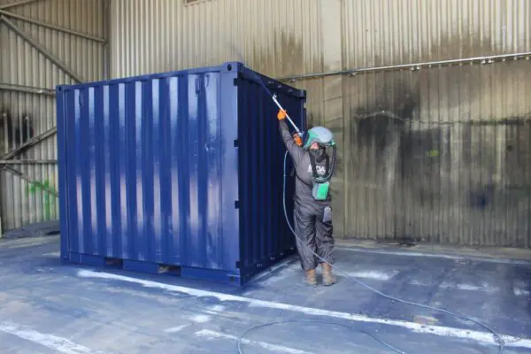 Unit being sprayed in our new paint bay | RAL Blue 5013 | Storage on Site