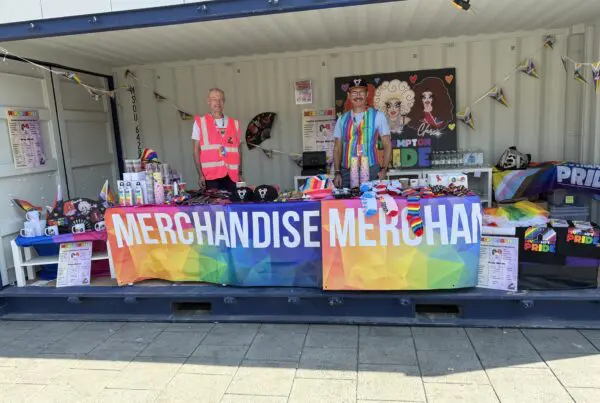 Merch stand made from an SOS Open-Sided Container at Southampton Pride