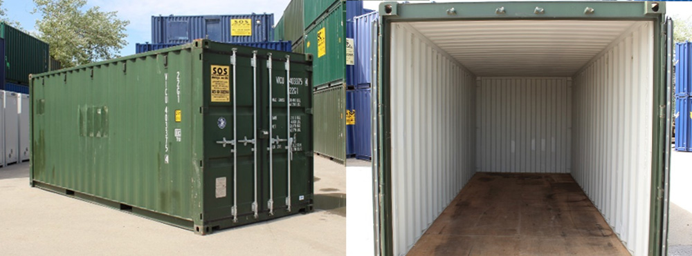 3/4 view and internal perspective of a dependable Ex-Hire container symbolizing seasoned reliability.