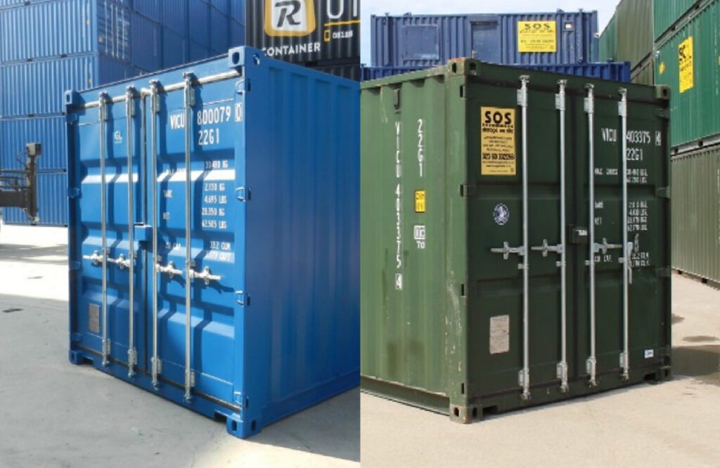 Side-by-side view of a new blue One Trip container and a used green Ex-Hire container.