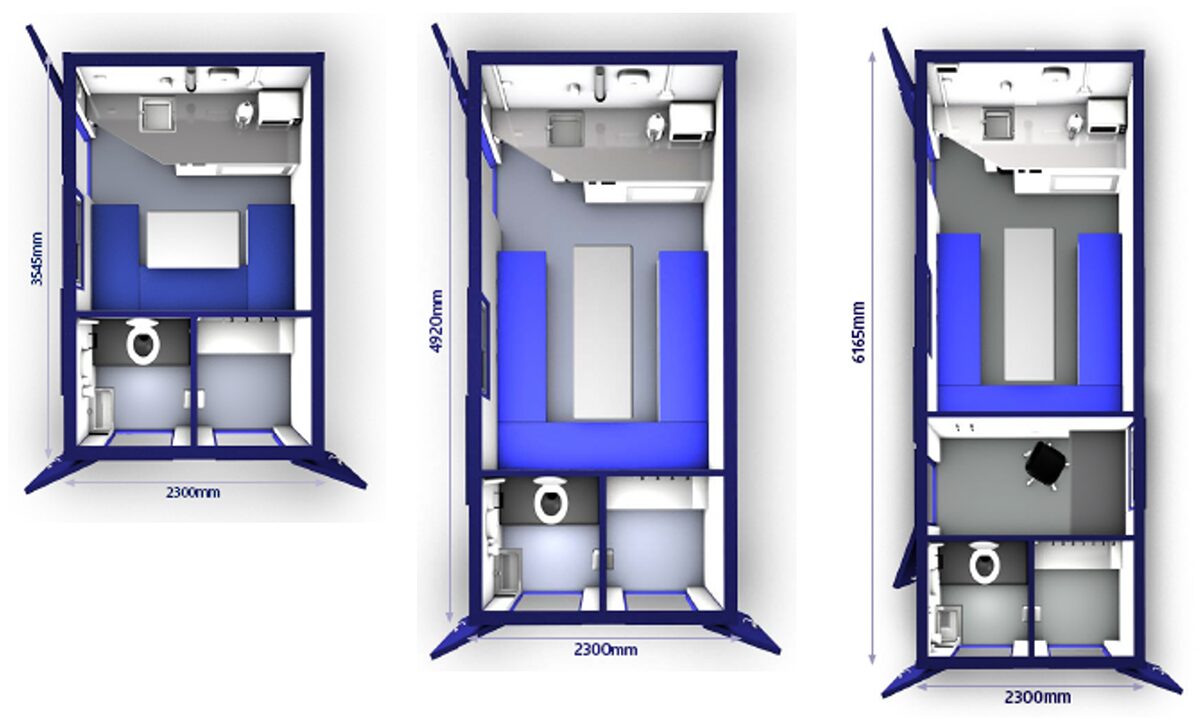 Overhead view of three different Welfare Unit layouts, showing canteen, WC, drying room, and office configurations in various sizes.