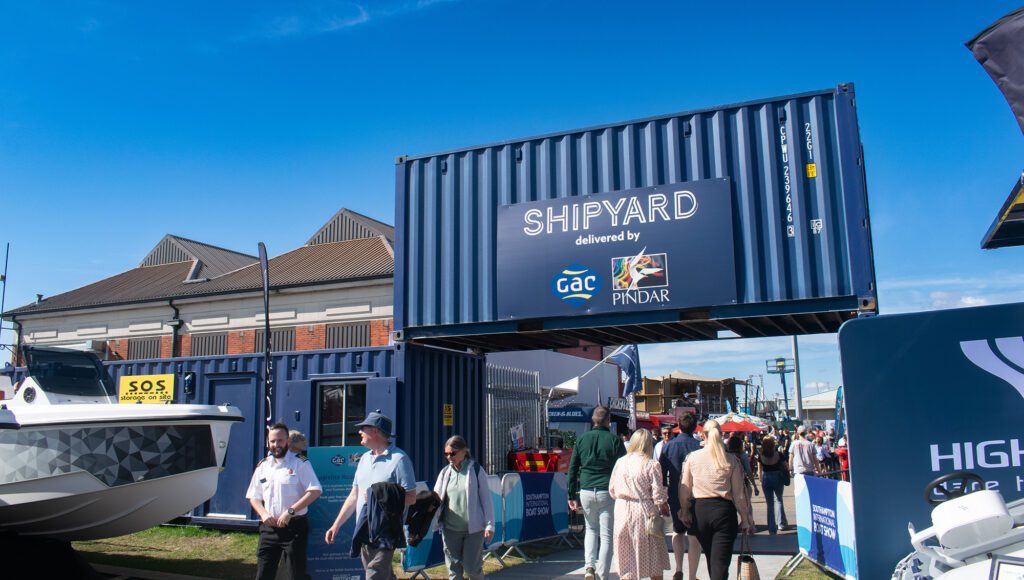 Blue shipping containers supplied by SOS for the Southampton International Boat Show 2024.