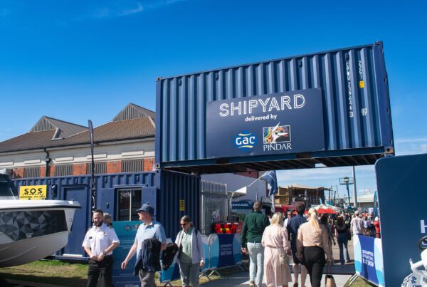 Blue shipping containers supplied by SOS for the Southampton International Boat Show 2024.