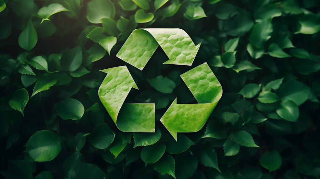 Green recycling logo over a background of fresh green leaves, symbolizing eco-friendly container recycling