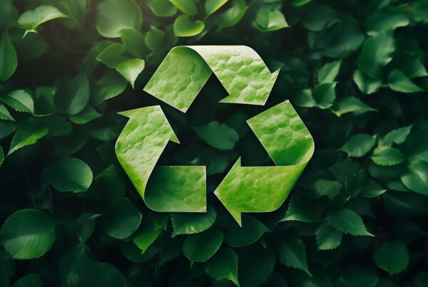 Green recycling logo over a background of fresh green leaves, symbolizing eco-friendly container recycling