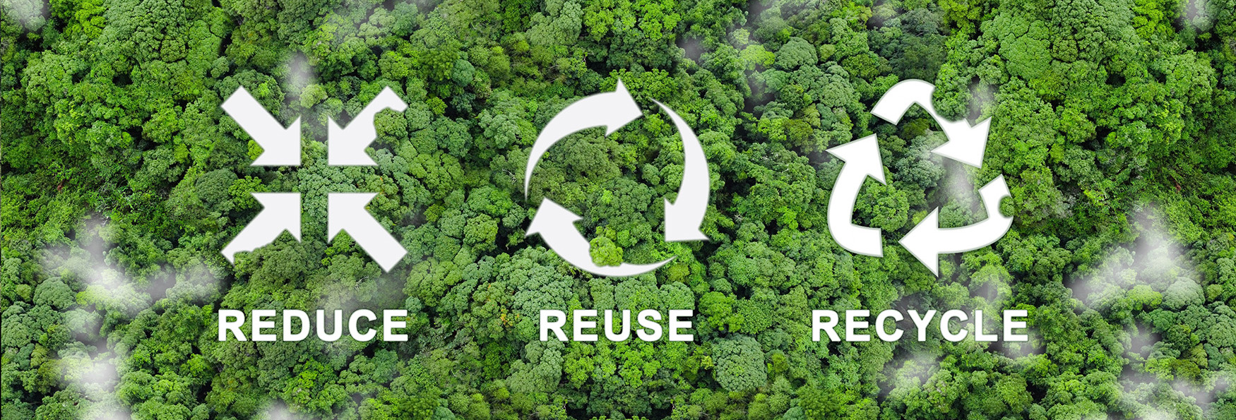 Reduce, Reuse, Recycle icons over a green forest background, symbolizing sustainable practices and environmental responsibility.