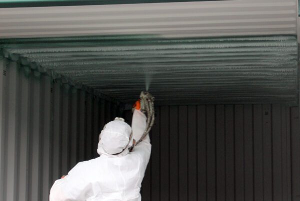 A worker applying spray foam insulation inside a shipping container.