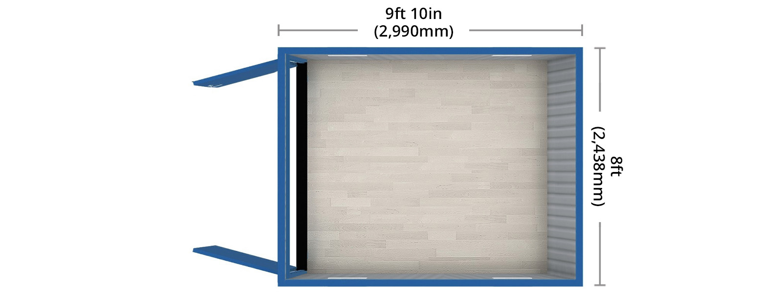 Diagram showing dimensions and features of a 10ft shipping container, including weatherproof steel and secure locking system.