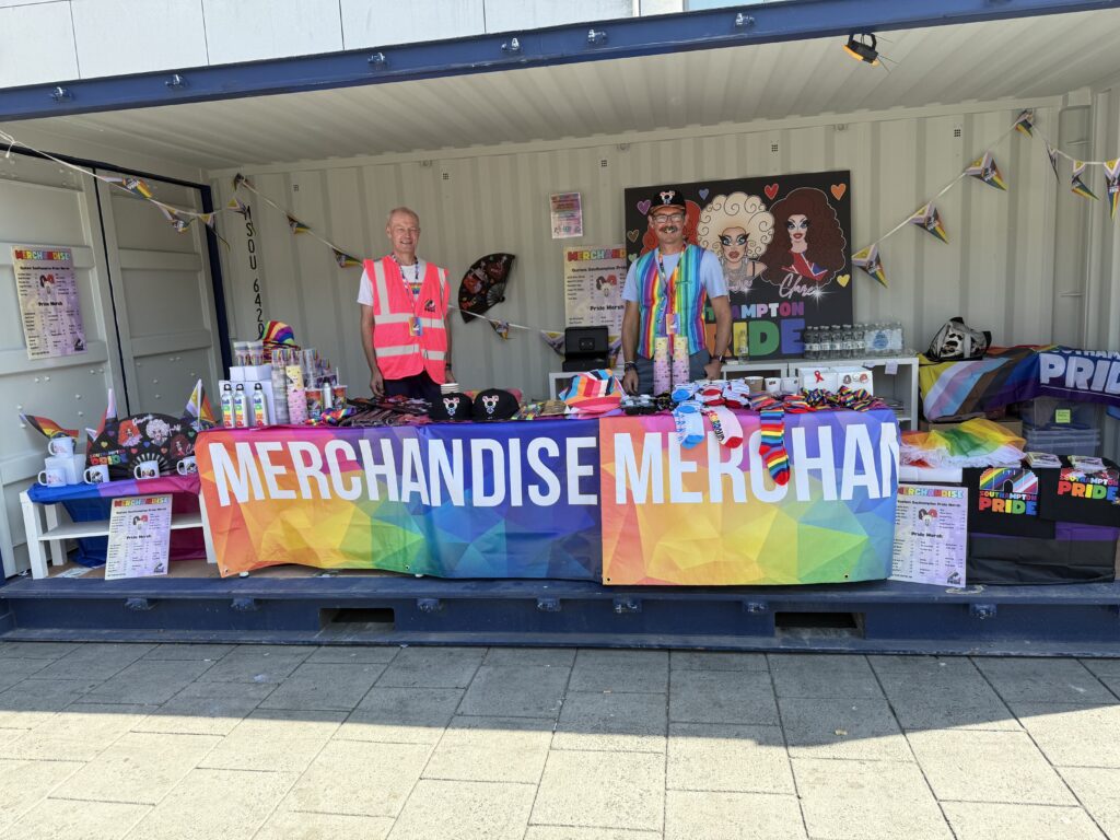 Merch stand made from an SOS Open-Sided Container at Southampton Pride