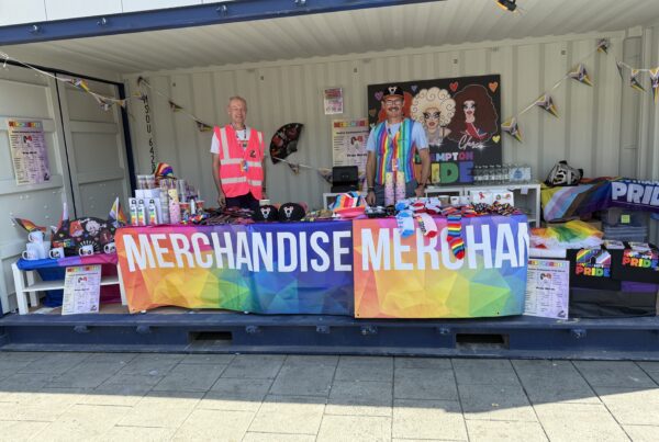 Merch stand made from an SOS Open-Sided Container at Southampton Pride